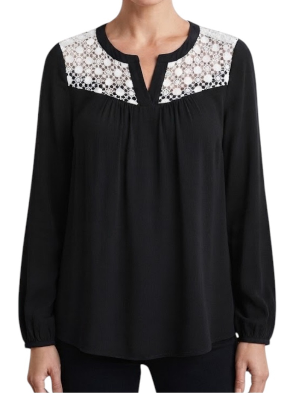 MONTEAU LA Nordstrom Lace Insert Bohemian Preppy Y2K V-Neck Blouse Black Medium